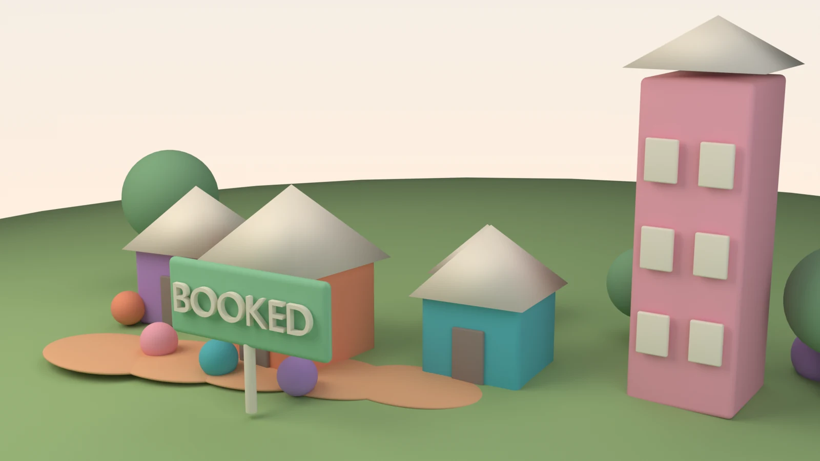 An illustrated village where a machine turns old lead lists into booked meetings and sold flats.